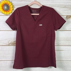 FIGS Technical Collection Burgundy V Neck Scrub Top Short Sleeve Women's Size S